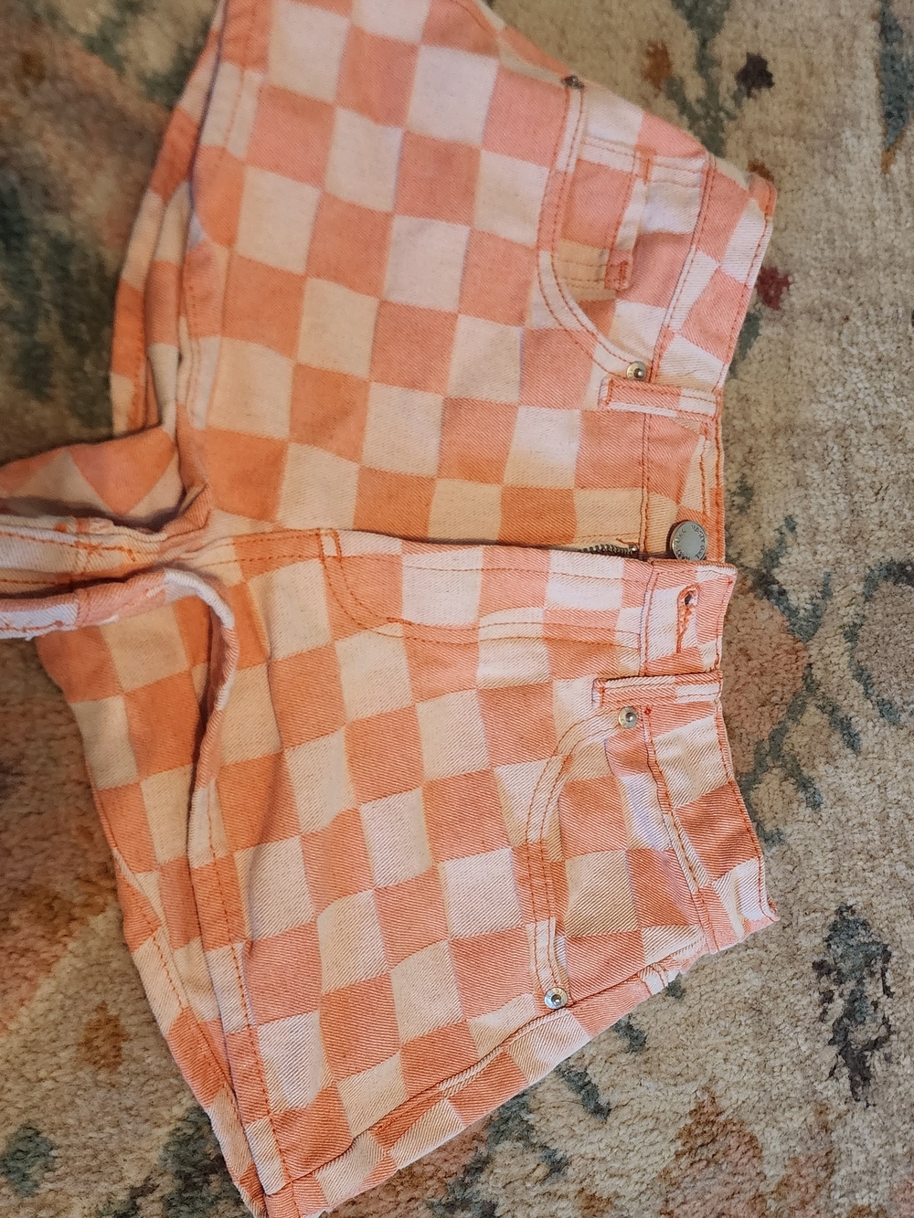 Nasty Gal Peach and White Checkerboard Denim Shorts